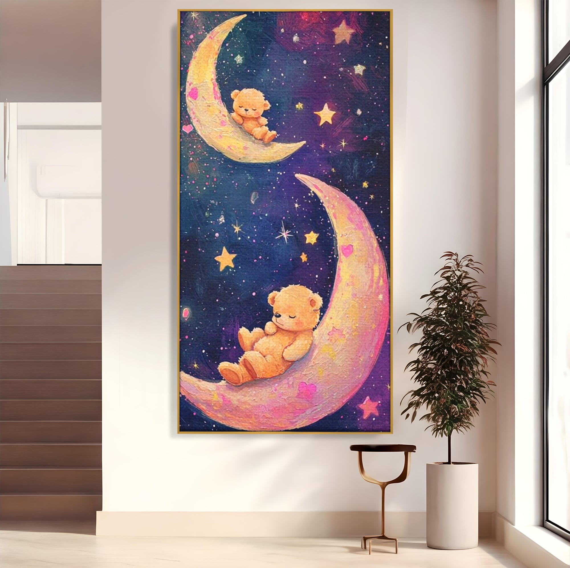 Tablou canvas cu doi ursuleti dorm pe semiluna, in rama de aluminiu auriu